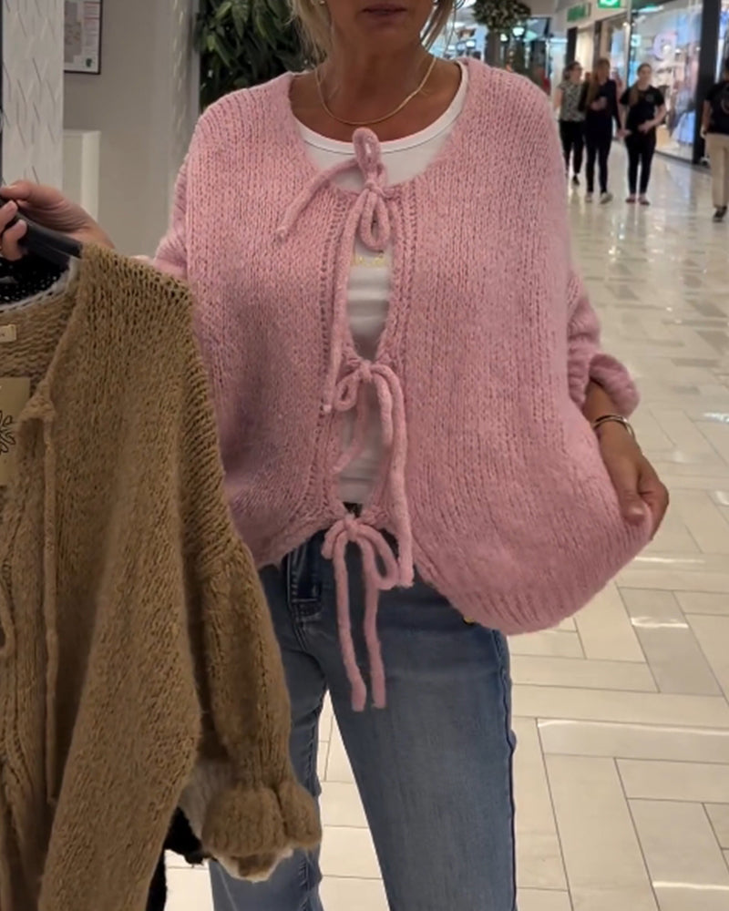 Cardigan décontracté à manches longues et lacets de couleur unie