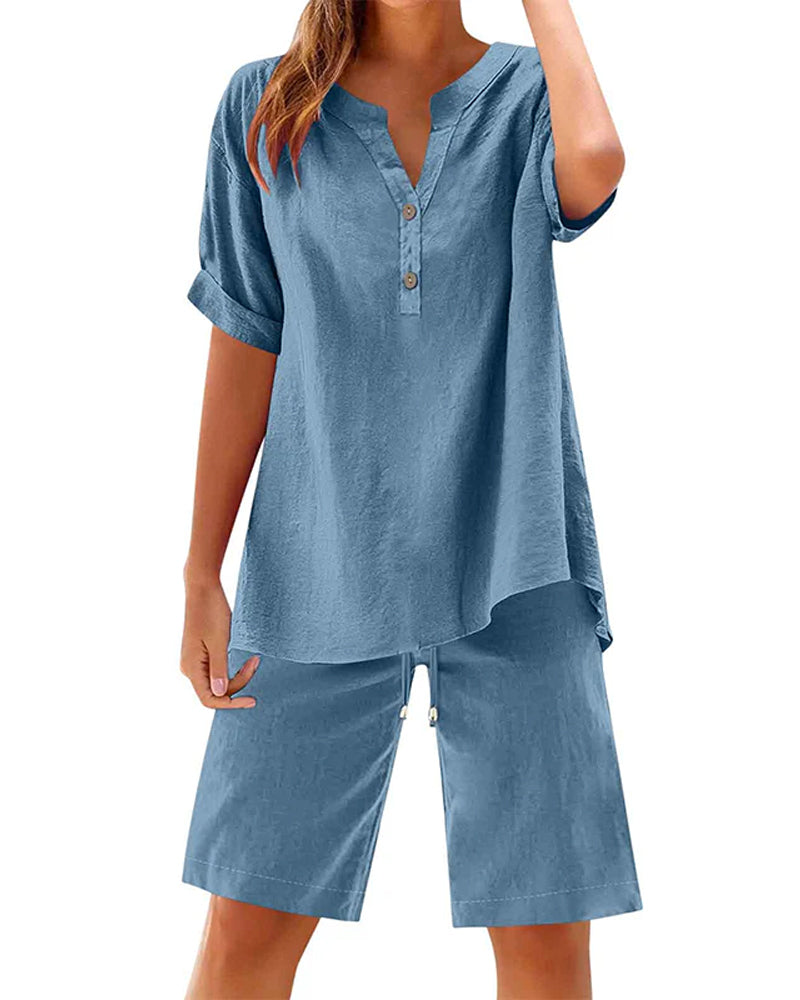 Deux-Pièces Ensemble Col Henley Manche Courte Et Cordon De Serrage Cinq-Points Large Jambe Pantalon