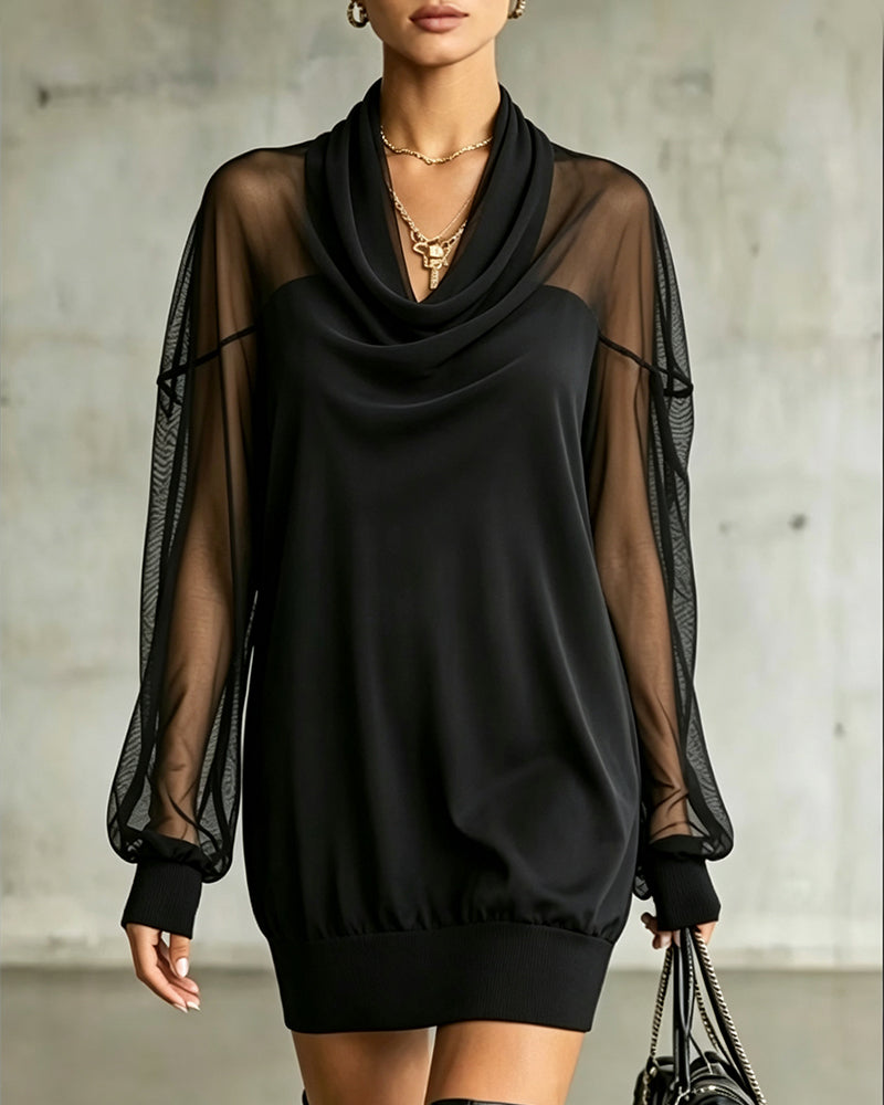 Robe Col Froncé Manche Longue Mesh
