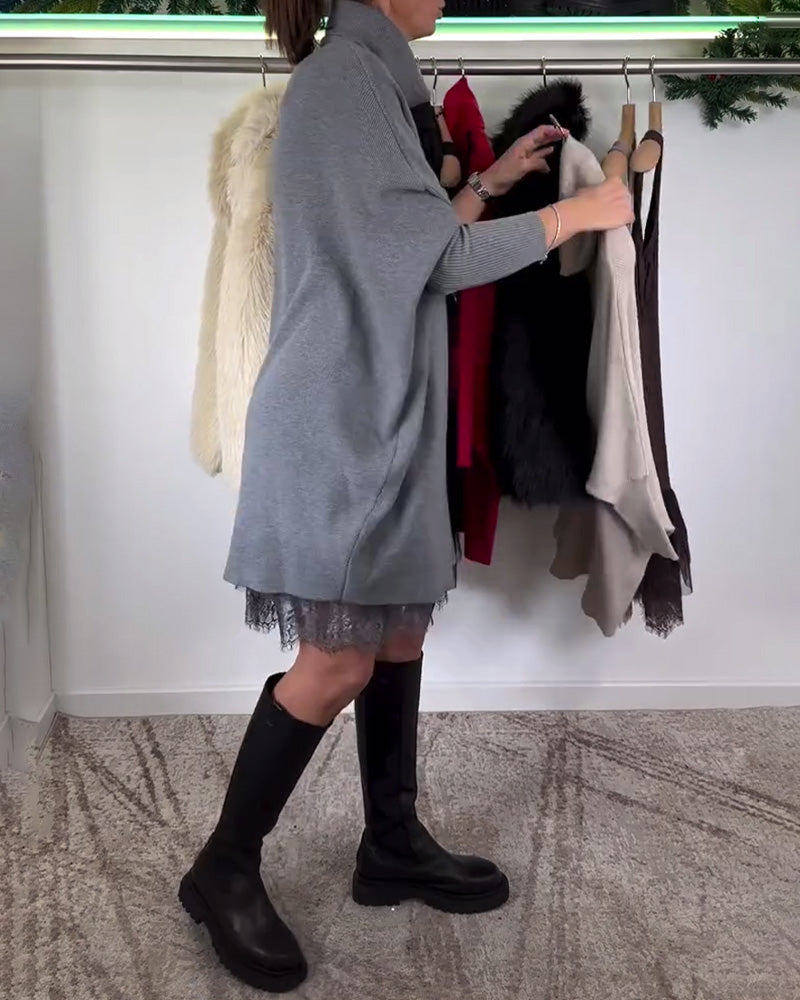 Robe Costume en Dentelle Maille avec Bretelles Col Haut Manches Chauve-Souris