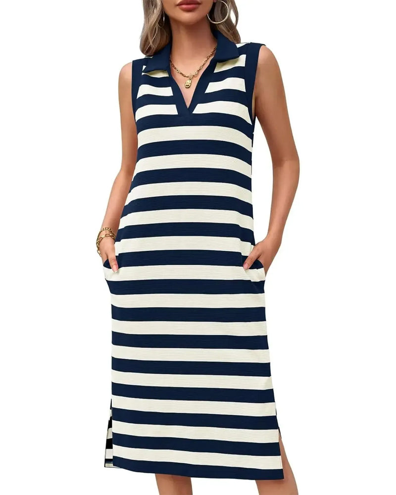 Robes Rayure Col V Col Polo Décontracté