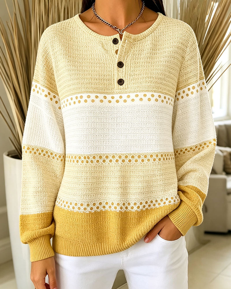 Sweatshirt Bloc De Couleur Tricot Gaufré Henley Pullover