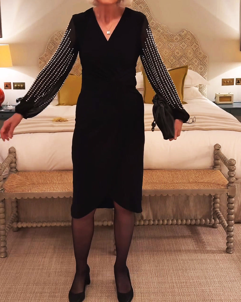 Robe Col En V Manches Longues Taille Cintrée Midi