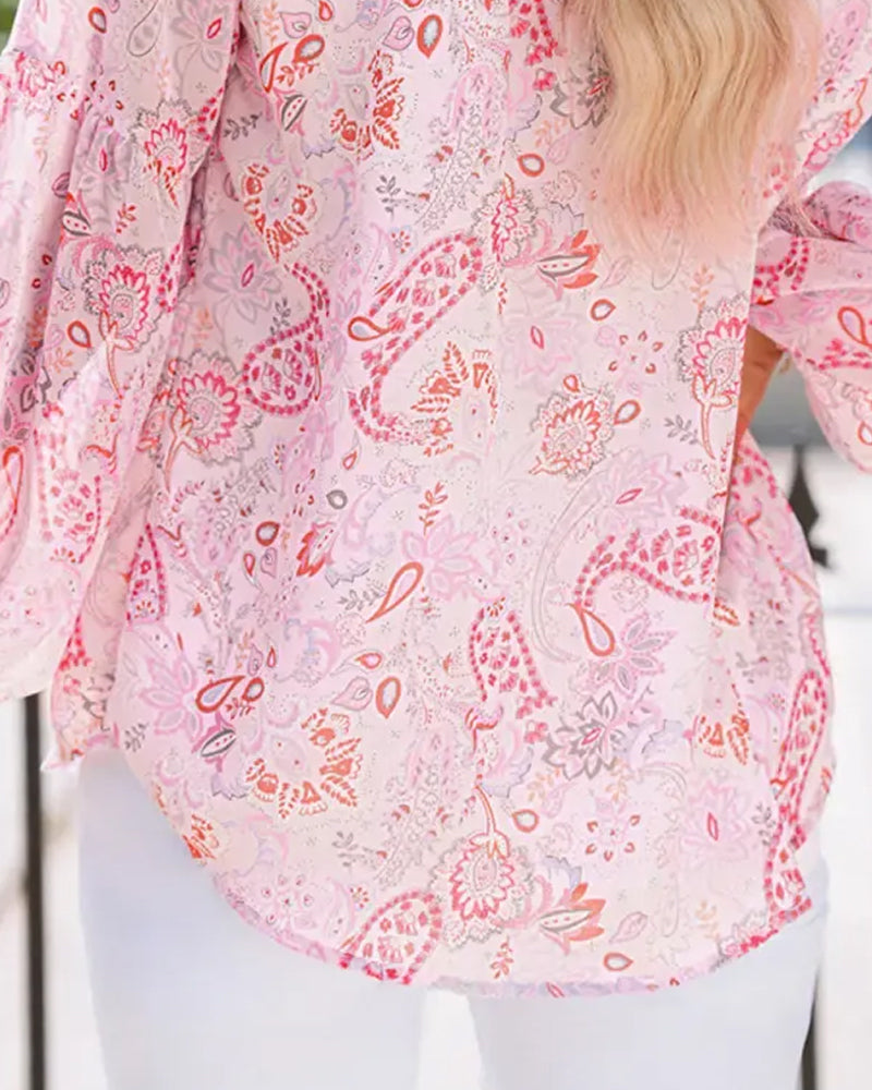Blouse Manche Lanterne Imprimée Col V