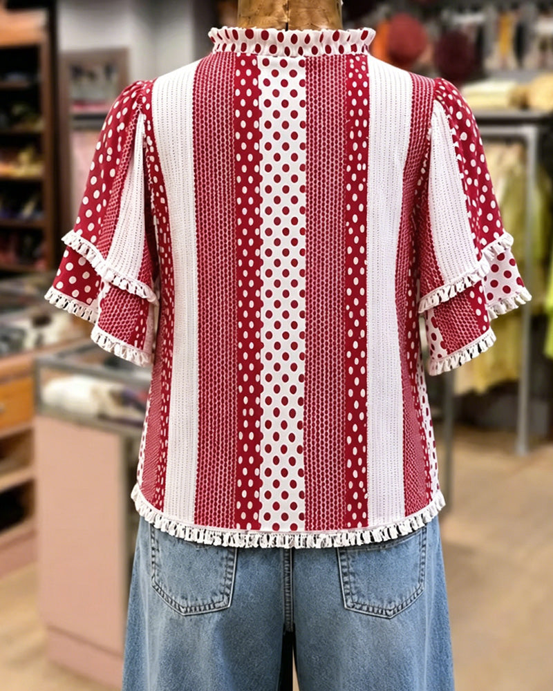 Blouse Col En V À Pois Frange Patchwork