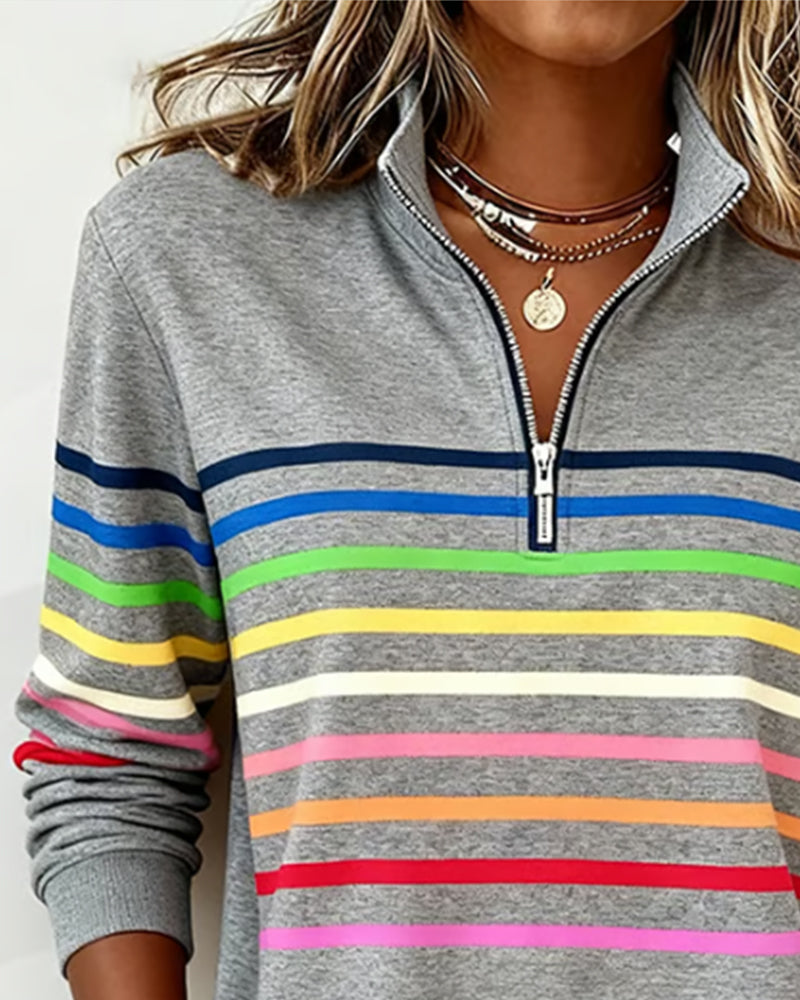 Sweat À Col Zippé À Moitié Avec Rayures Arc-En-Ciel Tendance