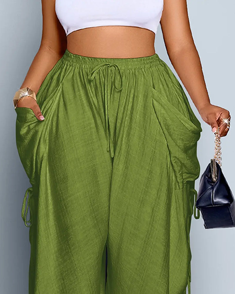 Pantalon Uni Plissé Taille Haute Large