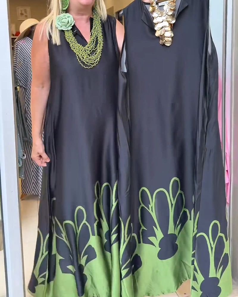 Robe Revers Sans-Manches Bloc-Couleur Jupe-Pleine