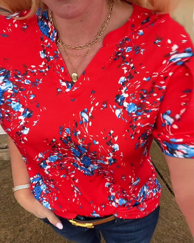 T-Shirt Col V Imprimé Fleuri Manches Courtes