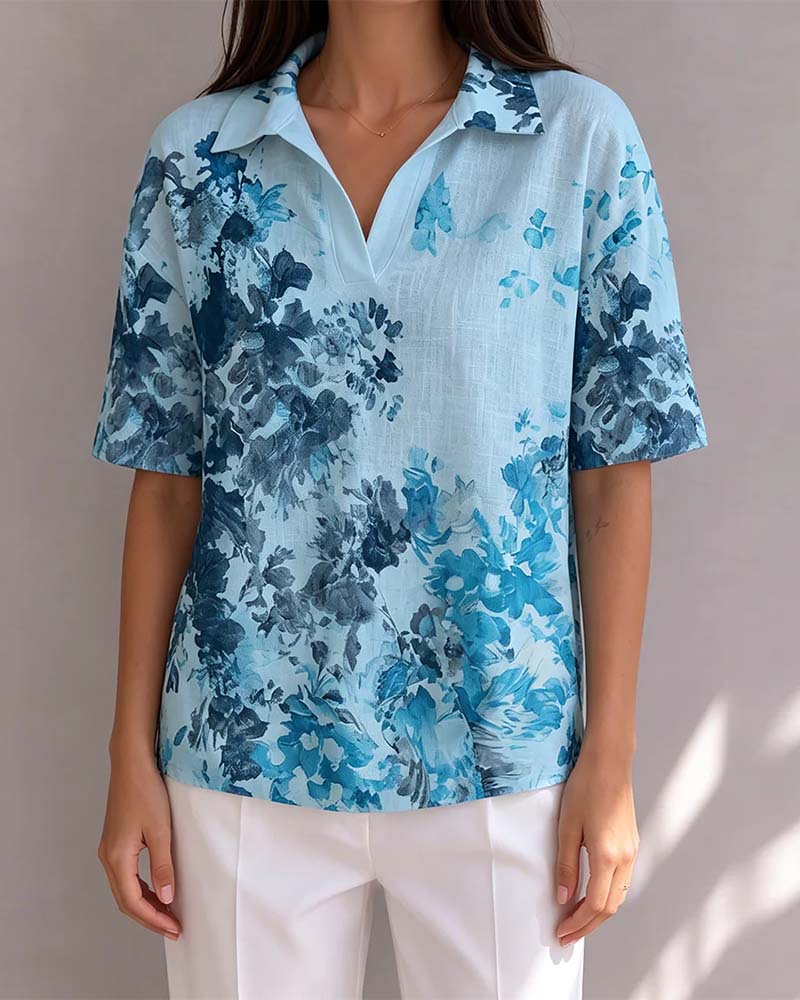 Blouse Encre Lavage Floral Revers Demi Patte