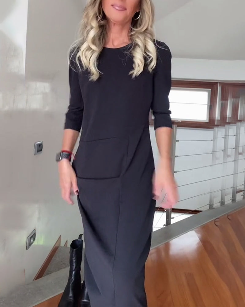 Robe élégante plissée à col rond de couleur unie