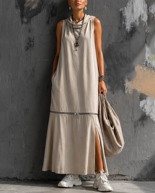 Robe Cowl Encolure Sans Manches Fermeture Éclair Fente