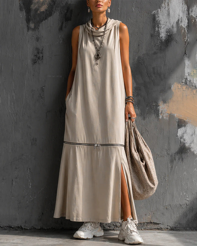 Robe Cowl Encolure Sans Manches Fermeture Éclair Fente
