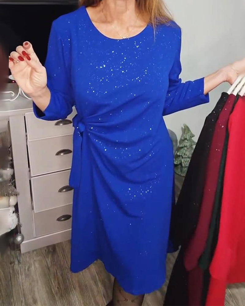 Robe Col Rond Manches Longues Ceinture Nouée