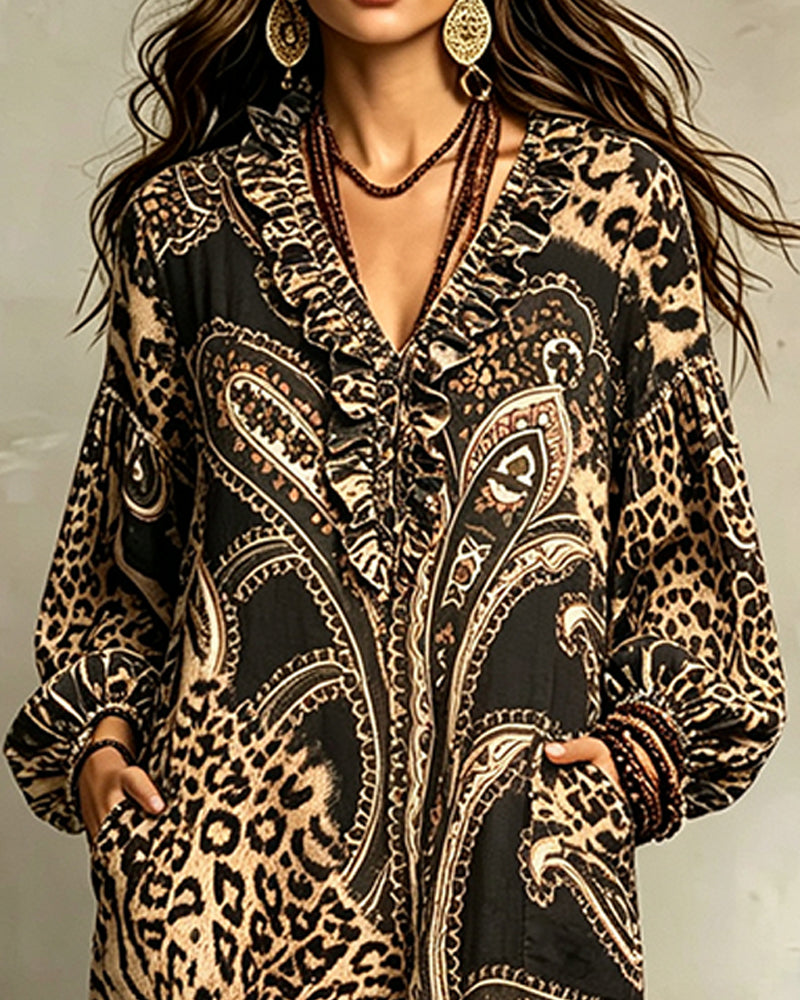 Robe Col V Volant Manche Ballon Poche