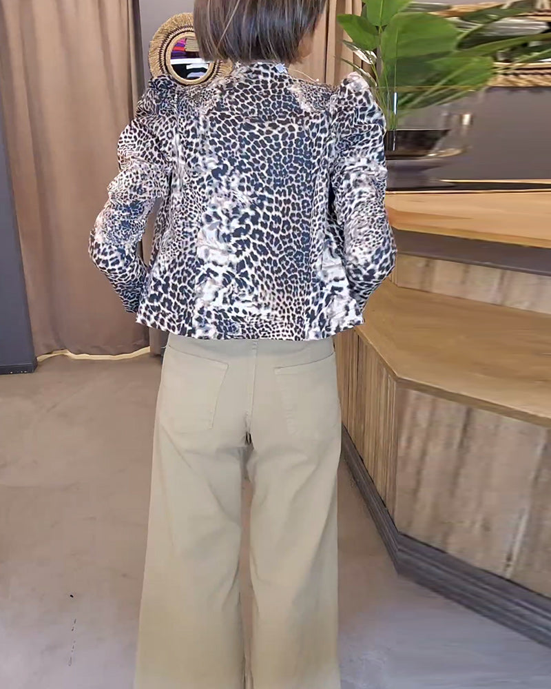 Veste décontractée à manches bouffantes et imprimé léopard