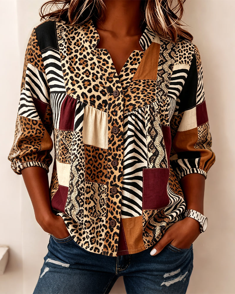Blouse Léopard Bloc De Couleur Col V