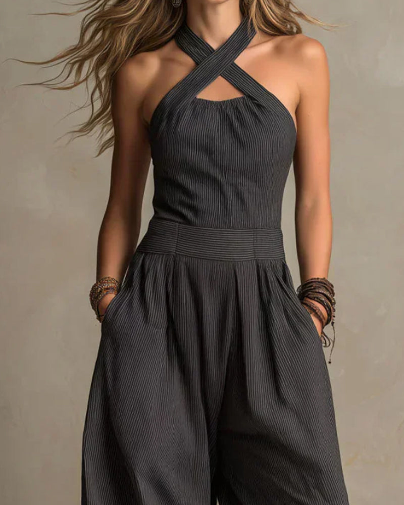 Jumpsuit Halter Croisé Sans Manches Rayure
