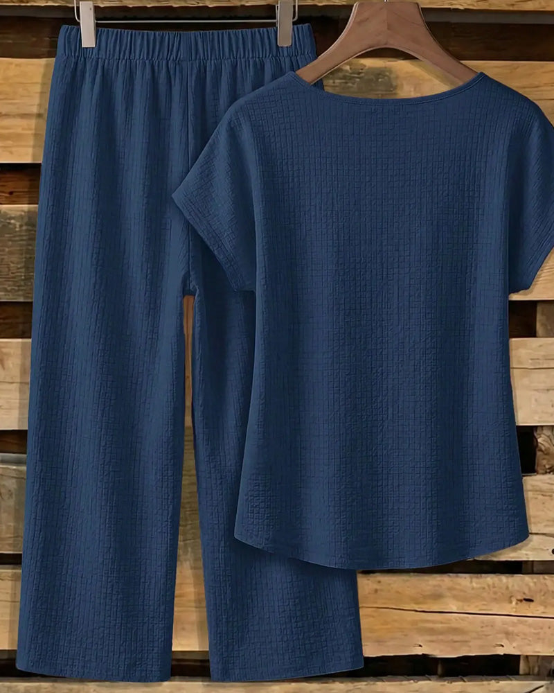 Ensemble Chemisier Manche Courte + Pantalon Jambe Large