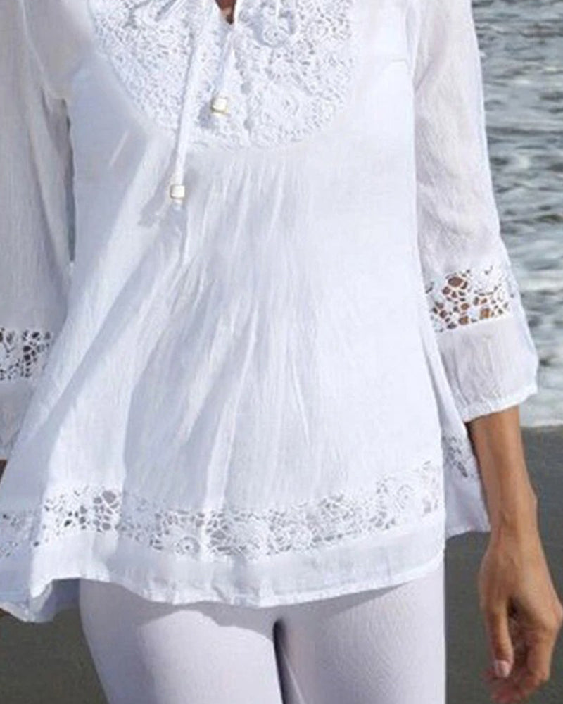 Blouse Col Rond Attacher Dentelle Patchwork Unie