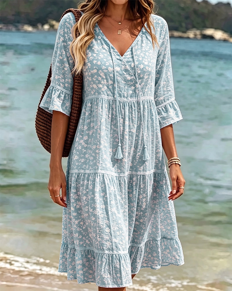 Robe Attacher Col En V Volant Fleuri Ligne A
