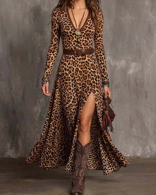 Robe Imprimé Léopard Col En V Fente