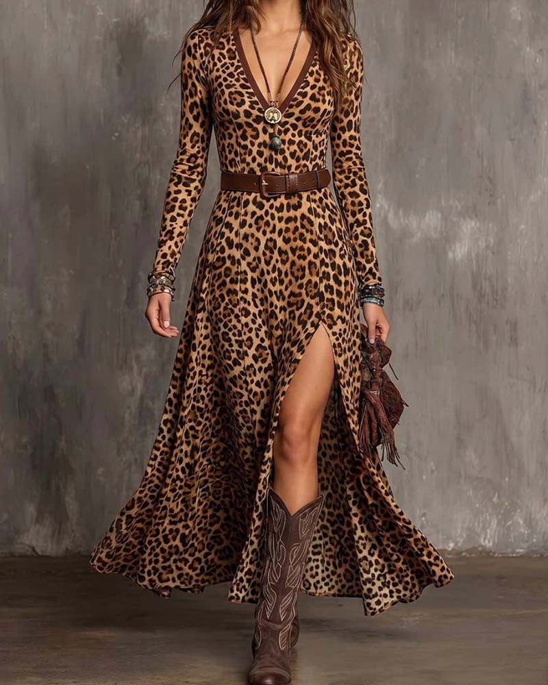 Robe Imprimé Léopard Col En V Avec Fente