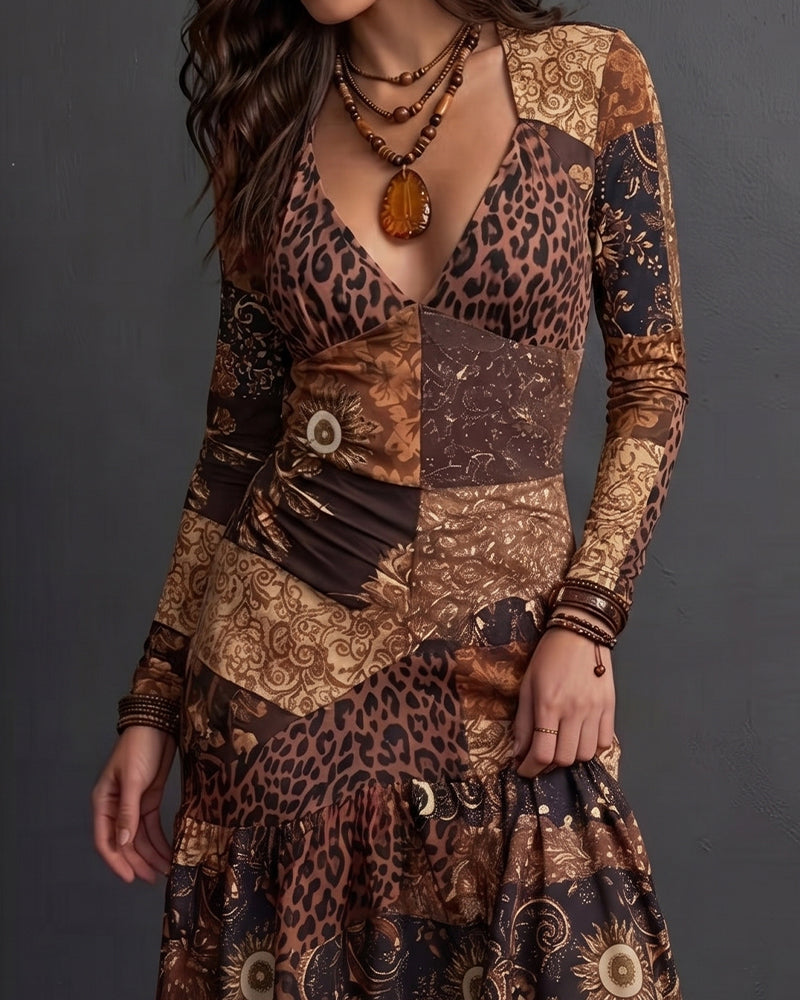 Robe Col V Imprimé Léopard Volantée Manche Longue
