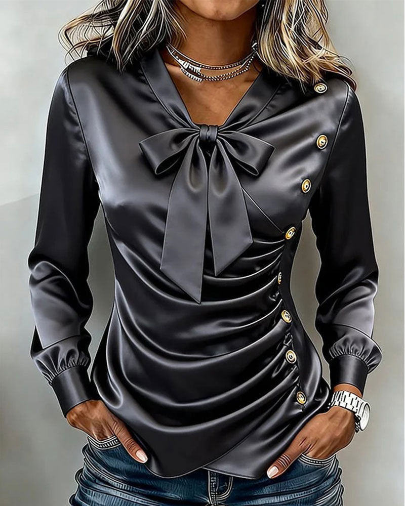 Blouse Col V Nœud Froncé Bouton