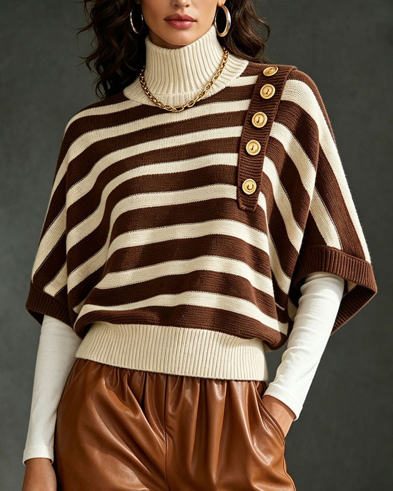 Pullover Col Roulé Bouton Rayé Manches Mi-Longues Pull