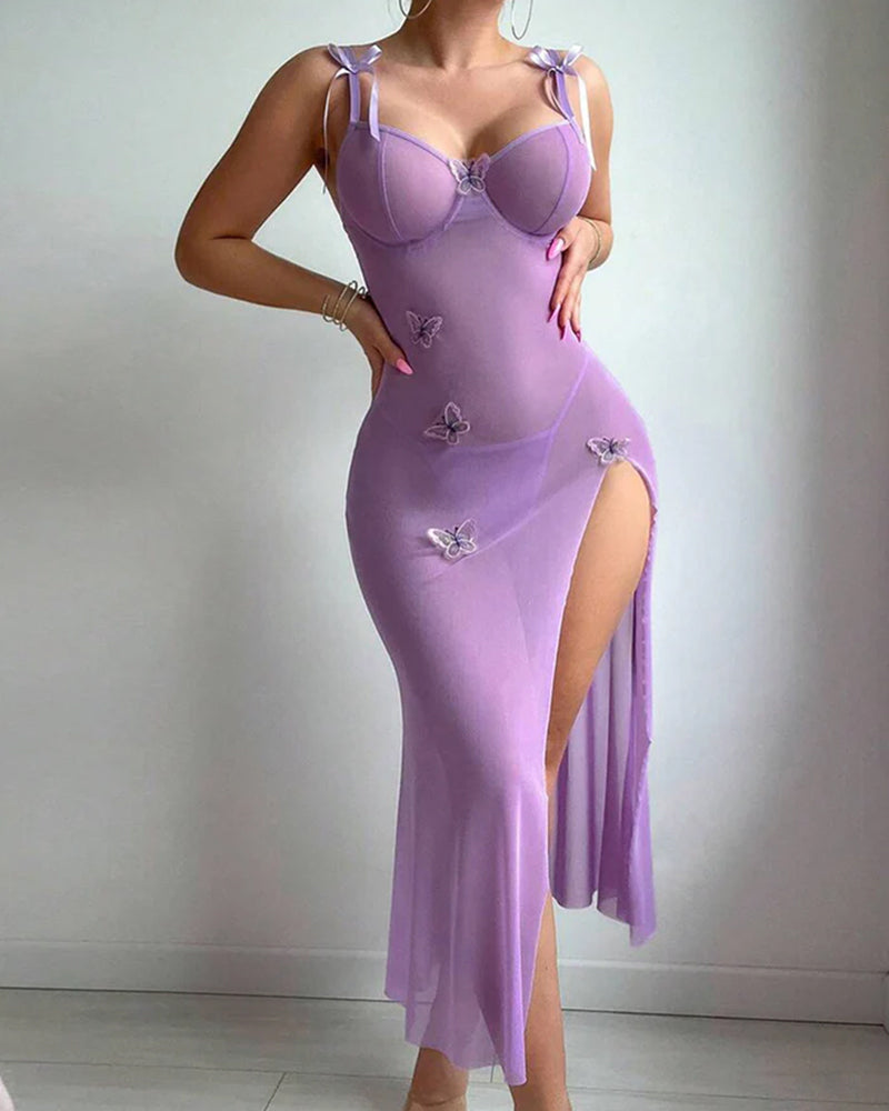 Robe En Mesh À Papillons, Fente Haute Et Bretelles