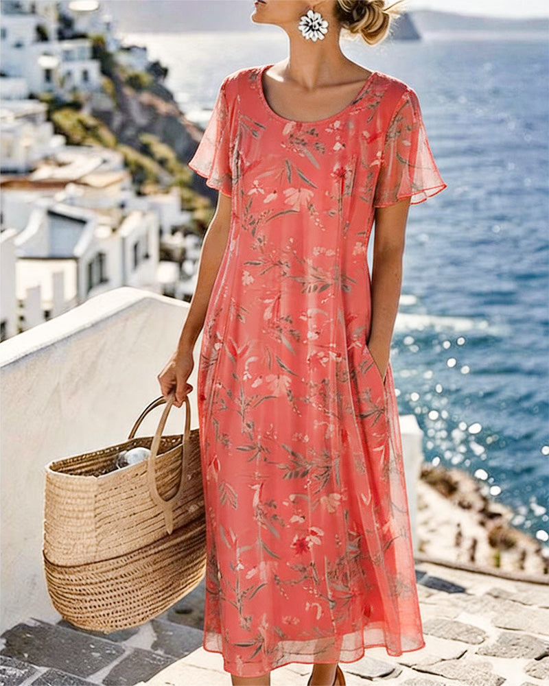 Robe Floral Encolure Ronde Maxi