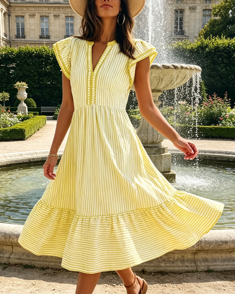 Robe Rayée Double Volant Manches Courtes