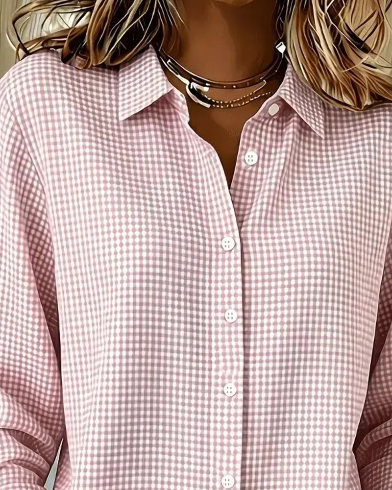 Chemise Col-V À Carreaux Boutonnage Décontractée Ample