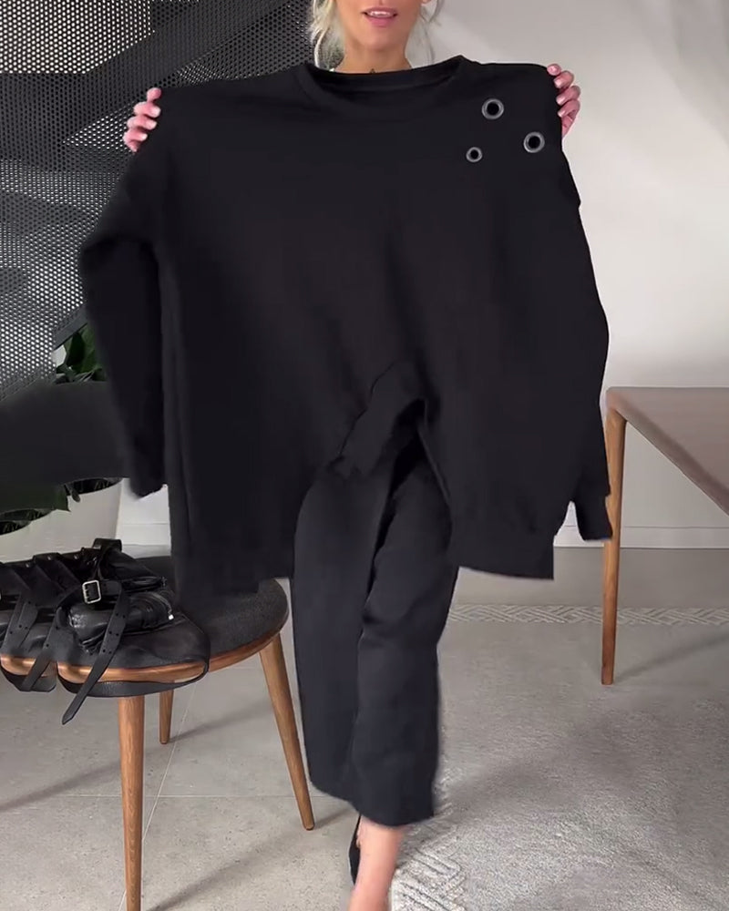 Sweat-shirt décontracté à col rond et fente de couleur unie