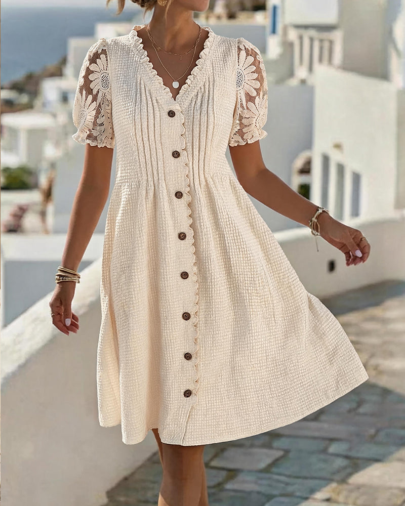 Robe Manches Ballon Tournesol Dentelle Patchwork