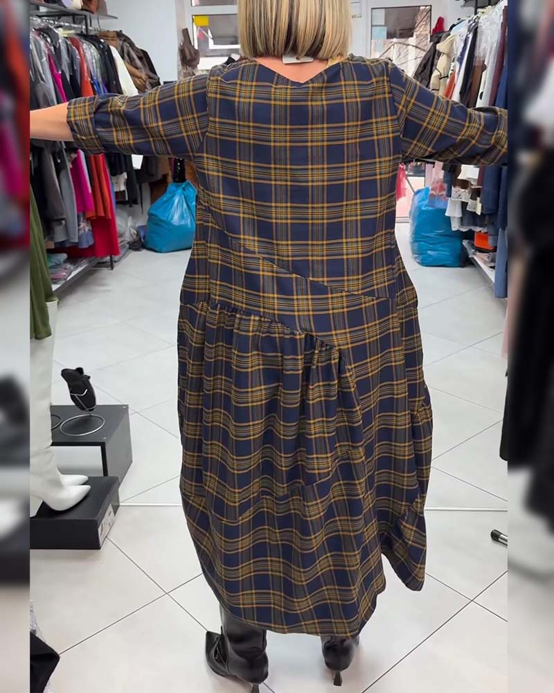 Robe À Carreaux Imprimée À Col Rond