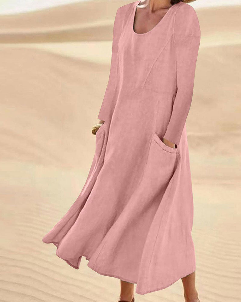 Robe Unie Manche Longue Col Rond