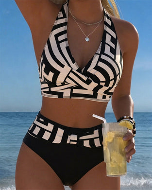 Bikini Géométrique Imprimé Taille Haute