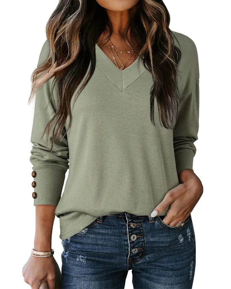 T-Shirt Poignet Bouton Col V Manche Longue