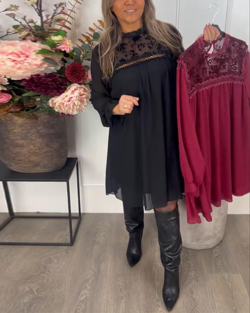 Robe Avec Détail de Découpe en Dentelle, Design à Manches Bouffantes Et Aura Élégante