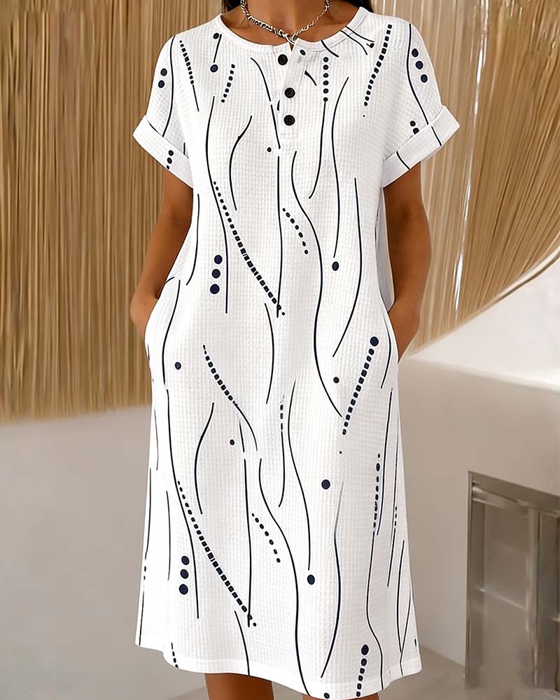 Robe Col Rond Bouton Ligne Gaufré