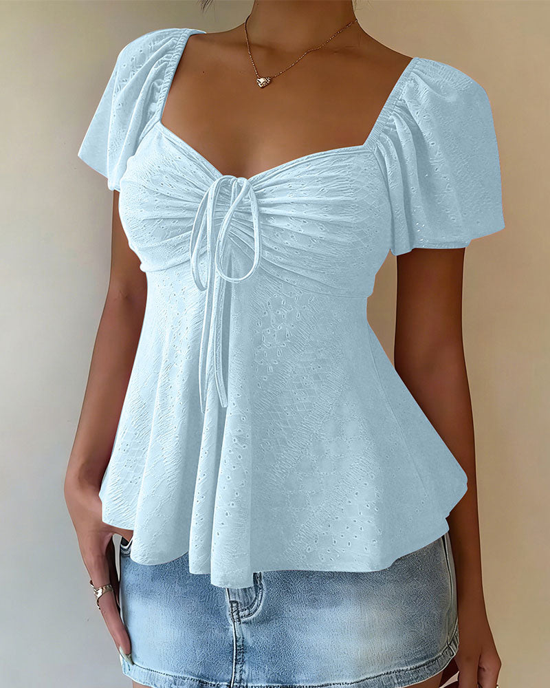 Blouse Ajourée Cordon Manches Courtes Unie
