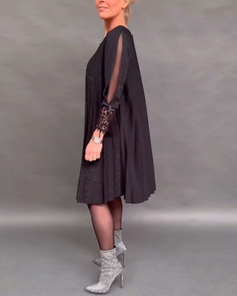 Robe plissée en dentelle patchwork de couleur unie