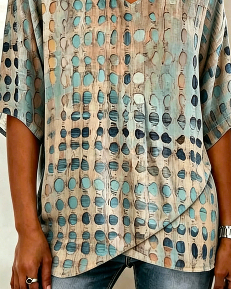 Blouse Col V Abstrait À Pois Imprimé Décontractée