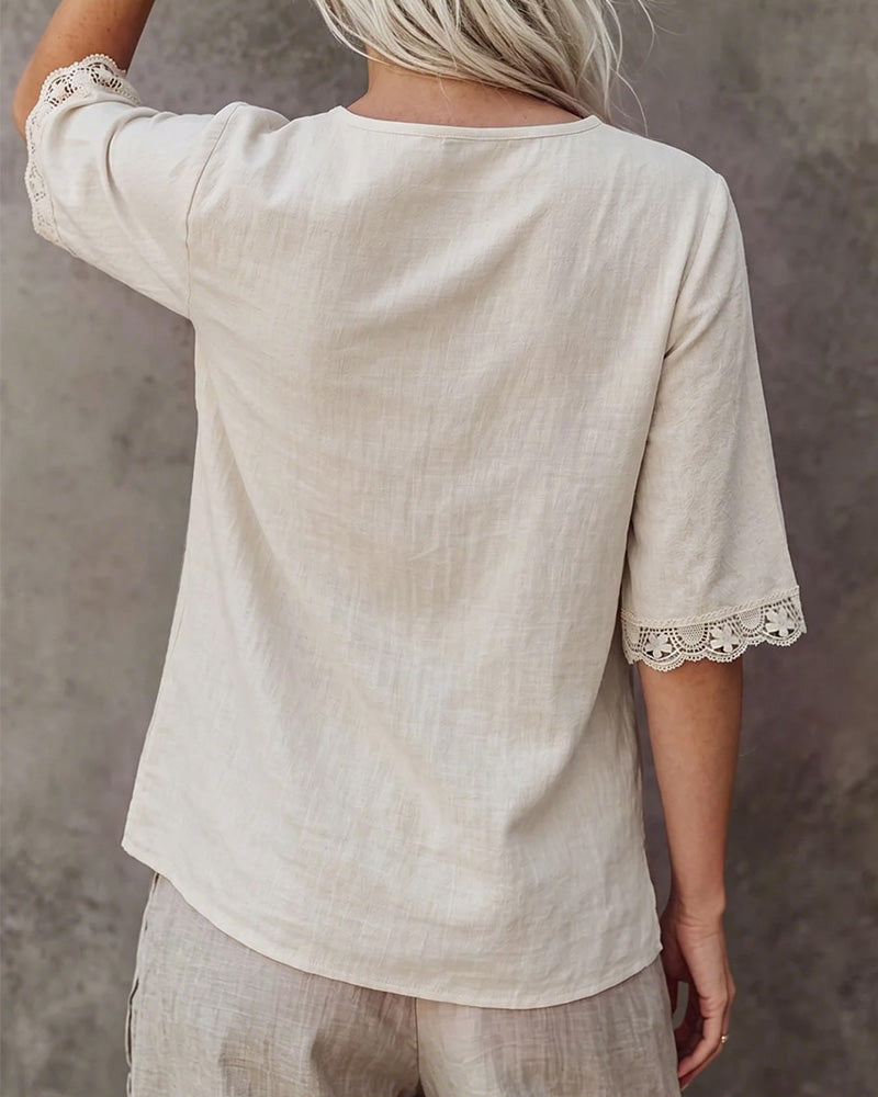 Blouse Col V Dentelle Patchwork Manche 3/4
