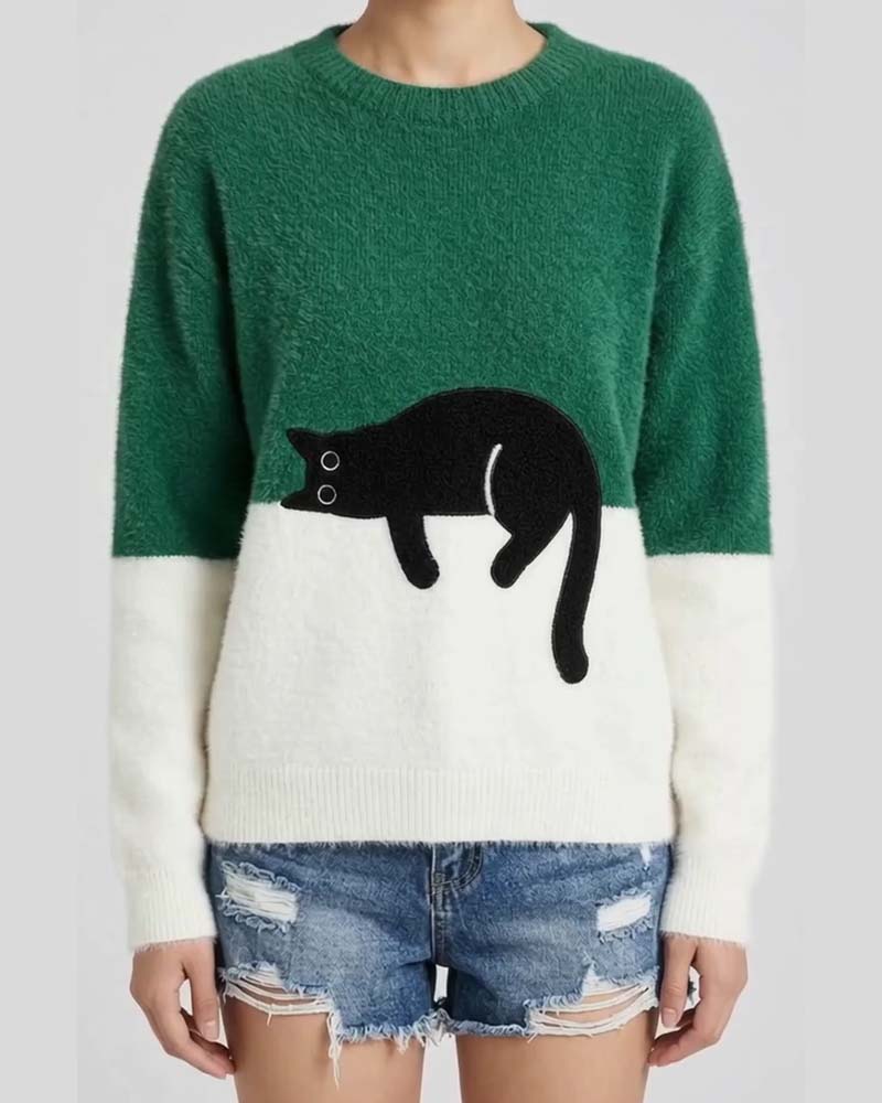 Pull Col Rond Couleur Contrastée Chat