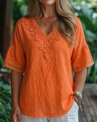 Blouse Dentelle Évidé Col V