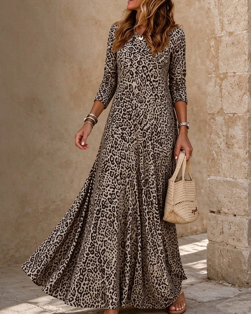 Robe Manches Longues Imprimé Léopard Mode