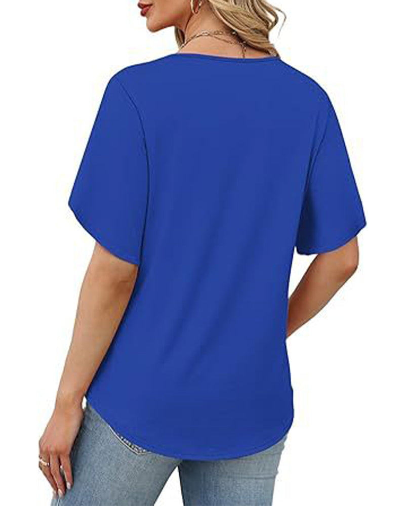 T-Shirt Col En V Petite Fente Manches Courtes Unie